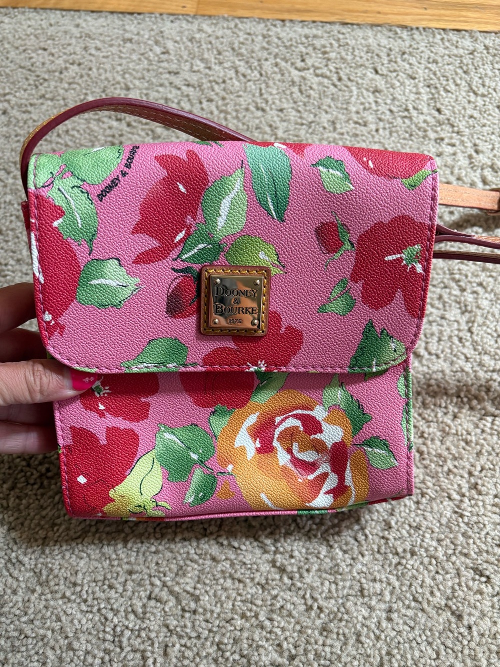 Dooney & Bourke Pink Floral Crossbody Bag with Brown Strap